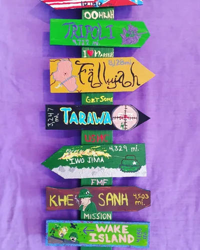 Multi-Directional Sign Post of Marine Corps Battles