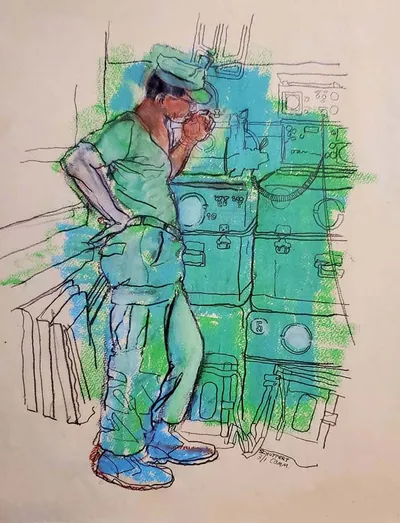 Radio Equipment Room, oil pastel &amp; graphite, Vietnam