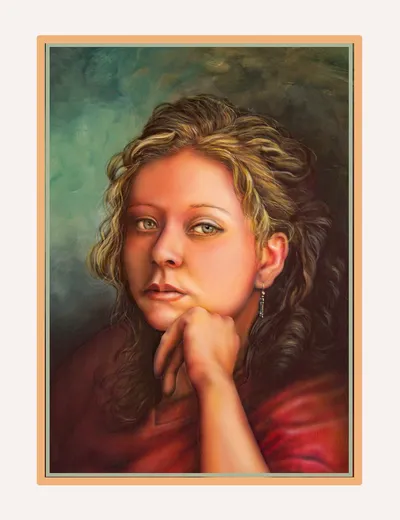 Portrait of Sarah painted in acrylic and airbrush